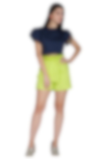 Lime Green Embroidered Shorts With Paper-Bag Waist by Three Piece Company