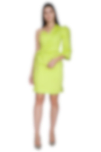Lime Green Asymmetrical Embroidered Dress by Three Piece Company