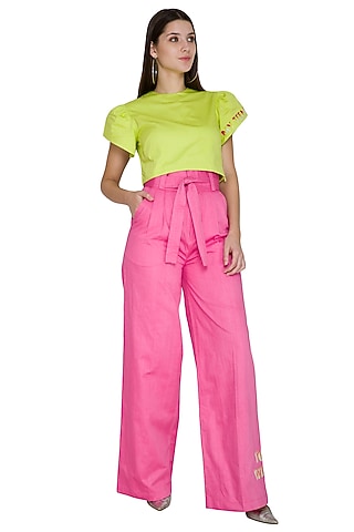 Pink High Waisted Pants With Tie-Up Belt by Three Piece Company