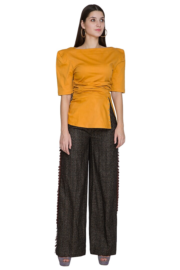 Ochre Yellow Embellished Waist Slit Top by Three Piece Company at Pernia's Pop Up Shop