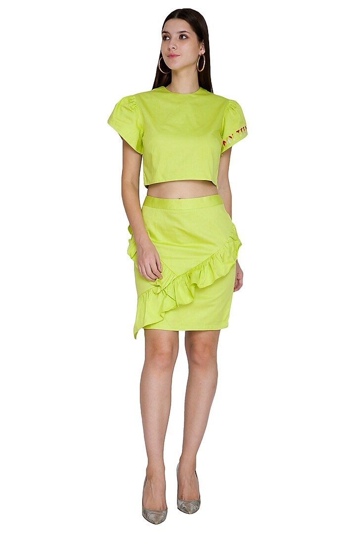 Lime Green Petal Sleeved Crop Top by Three Piece Company