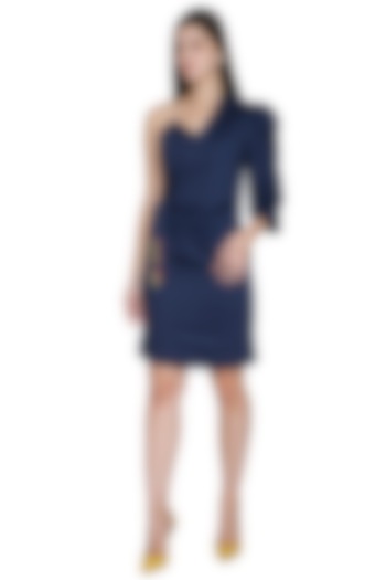 Midnight Blue Asymmetrical Embroidered Dress by Three Piece Company