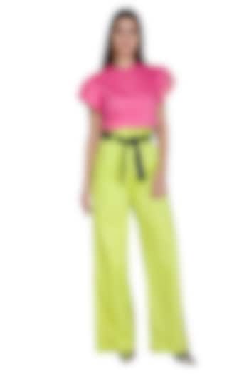 Lime Green High Waisted Pants With Tie-Up Belt by Three Piece Company
