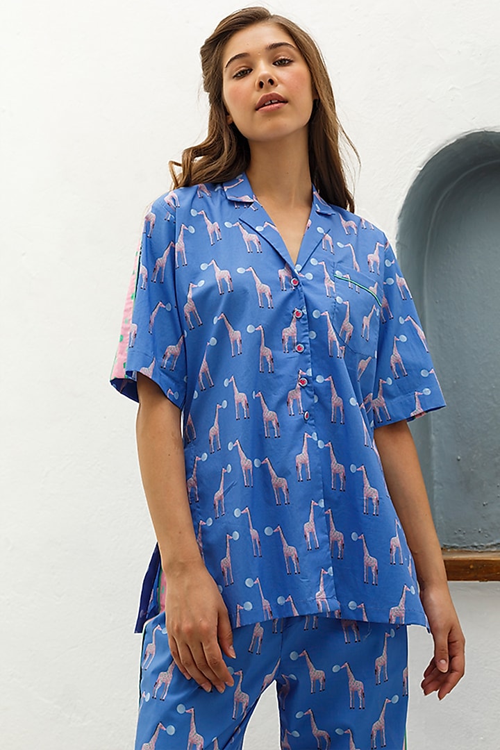 Blue Printed Cotton Shirt by The Pink Elephant