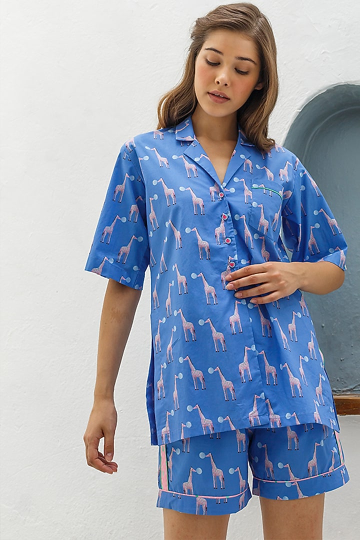Blue Printed Cotton Shirt by The Pink Elephant at Pernia's Pop Up Shop