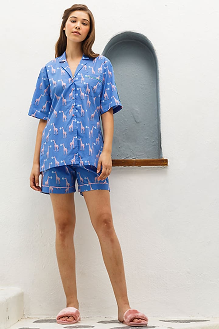 Blue Printed Cotton Shorts by The Pink Elephant