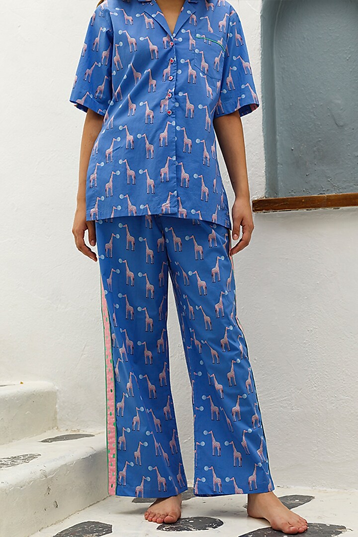 Blue Printed Cotton Pajama Pants by The Pink Elephant