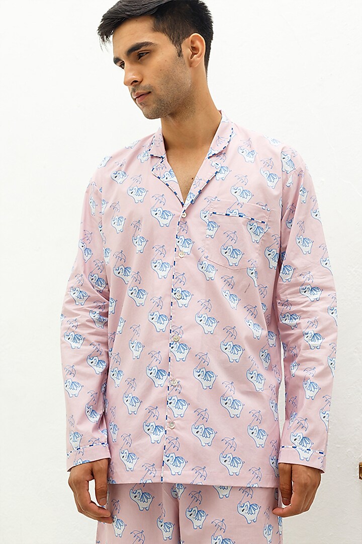 Pink Printed Lounge Shirt by THE PINK ELEPHANT MEN