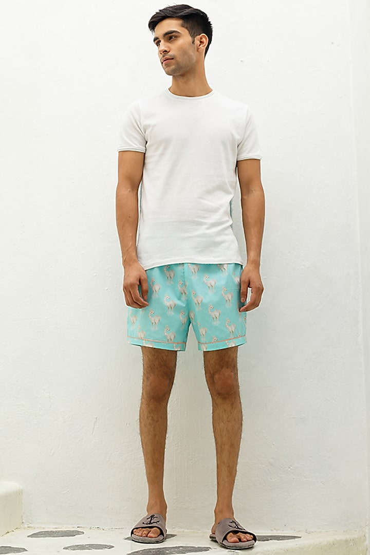 Turquoise Blue Printed Lounge Shorts by THE PINK ELEPHANT MEN