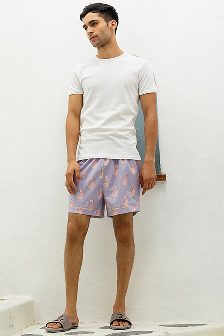 Purple Cotton Printed Lounge Shorts by THE PINK ELEPHANT MEN