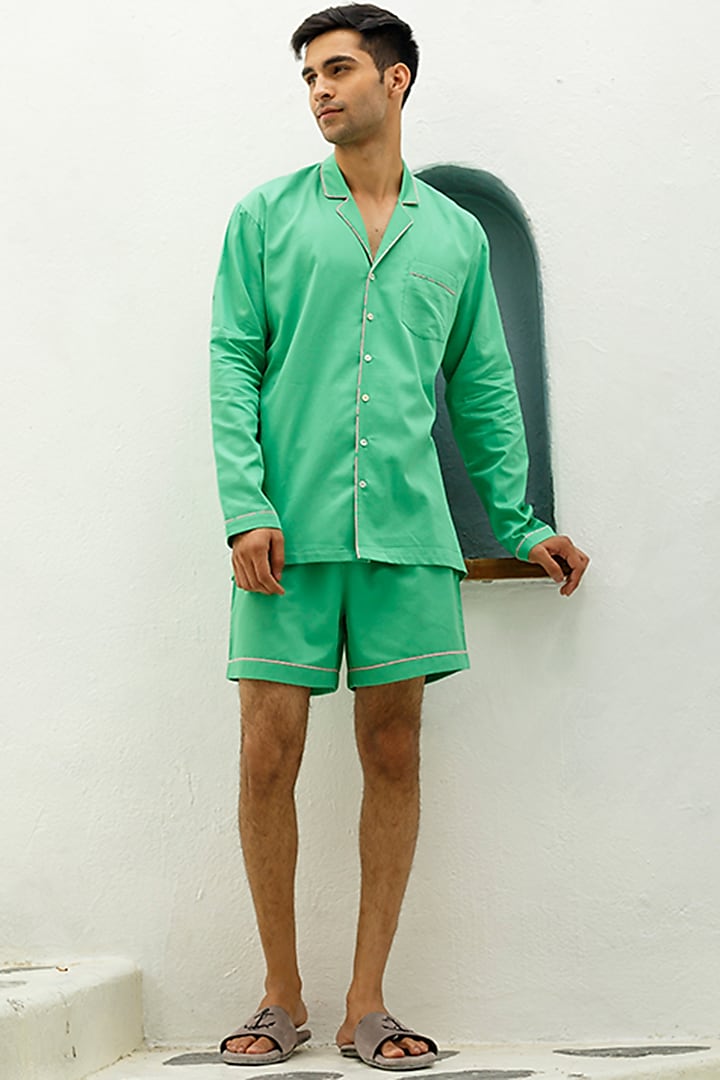 Green Cotton Lounge Shirt by THE PINK ELEPHANT MEN