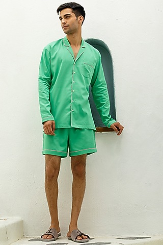 Green Cotton Lounge Shorts by THE PINK ELEPHANT MEN