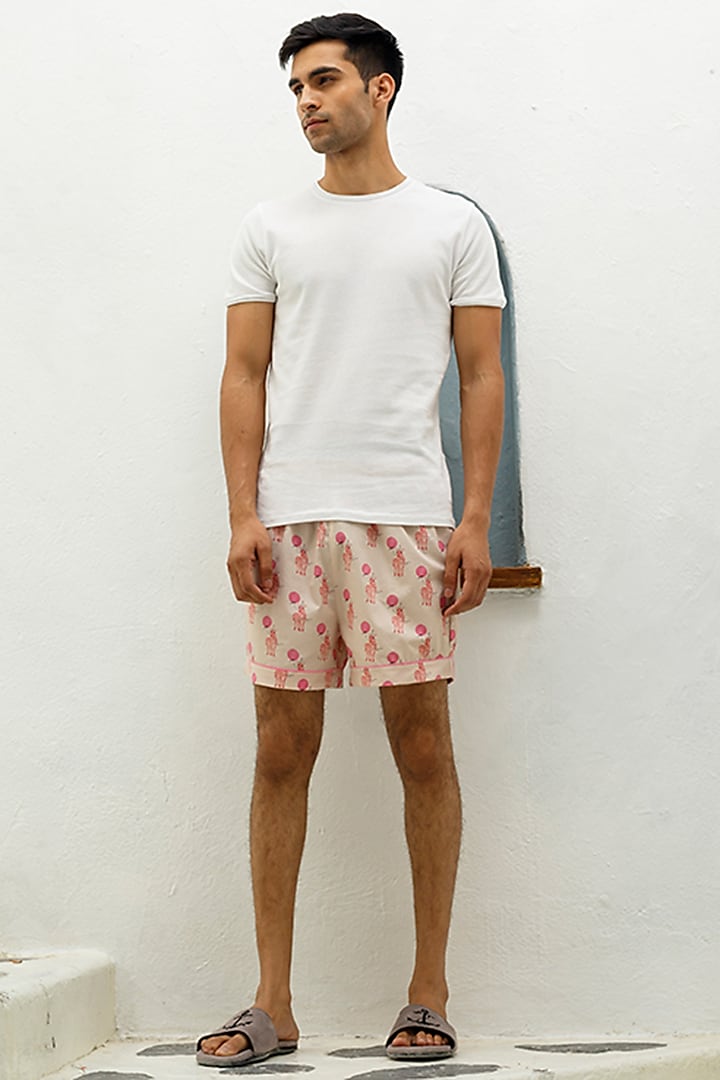 Peach Printed Lounge Shorts by THE PINK ELEPHANT MEN