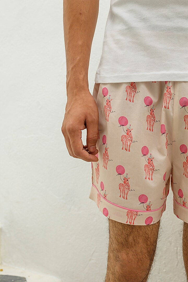 Peach Printed Lounge Shorts by THE PINK ELEPHANT MEN at Pernia's Pop Up Shop