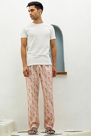 Peach Printed Lounge Pyjama Pants by THE PINK ELEPHANT MEN