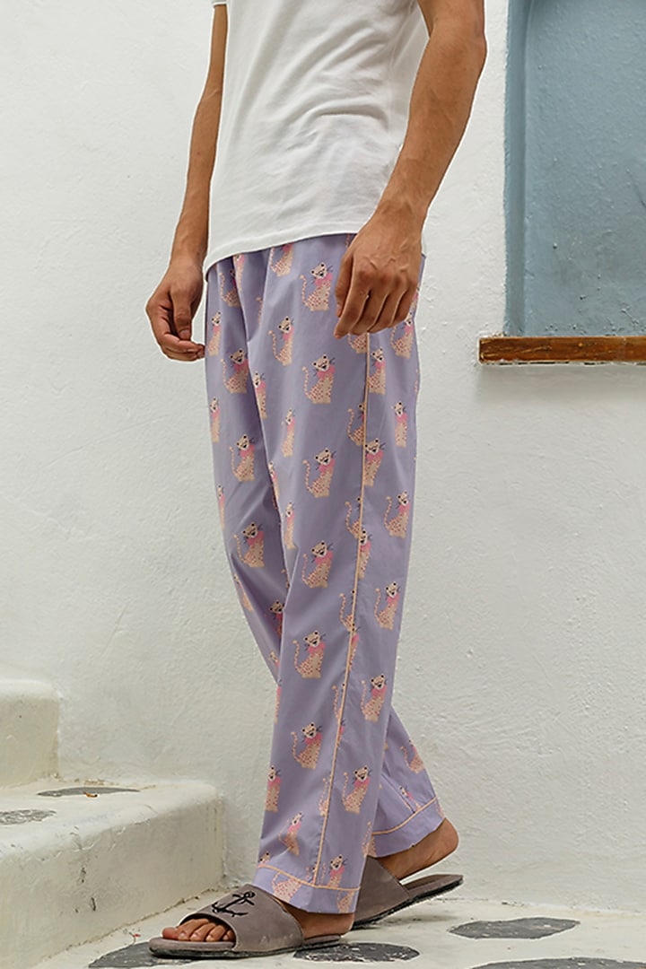 Purple Cotton Printed Lounge Pyjama Pants by THE PINK ELEPHANT MEN at Pernia's Pop Up Shop