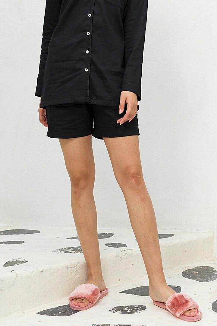 Black Cotton Satin Shorts by The Pink Elephant at Pernia's Pop Up Shop