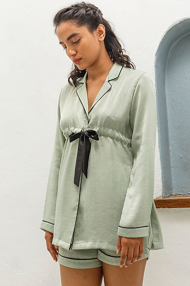 Green Satin Lounge Shorts by The Pink Elephant at Pernia's Pop Up Shop
