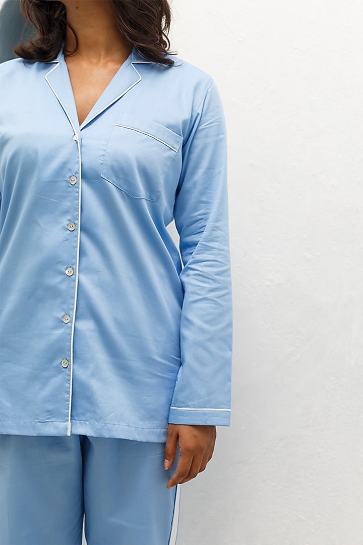 Blue Cotton Satin Lounge Shirt by The Pink Elephant at Pernia's Pop Up Shop