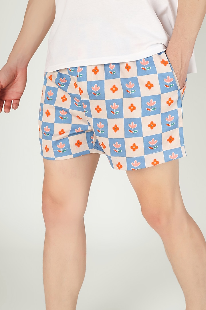 Blue & Beige Organic Cotton Shorts by THE PINK ELEPHANT MEN