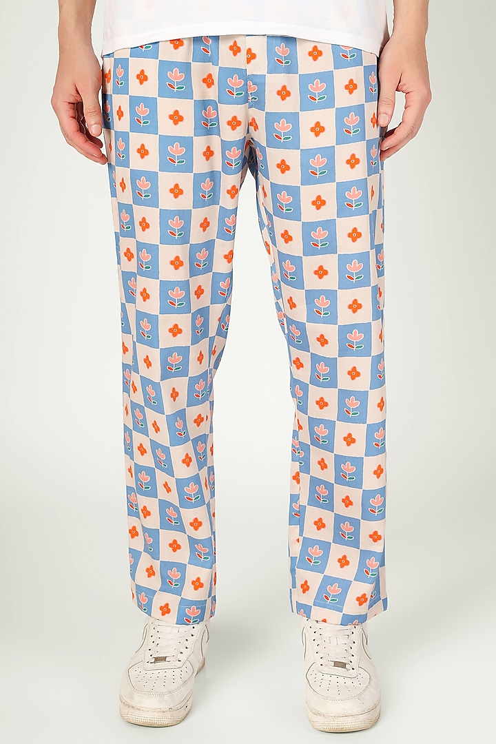 Blue & Beige Organic Cotton Pyjama Pants by THE PINK ELEPHANT MEN