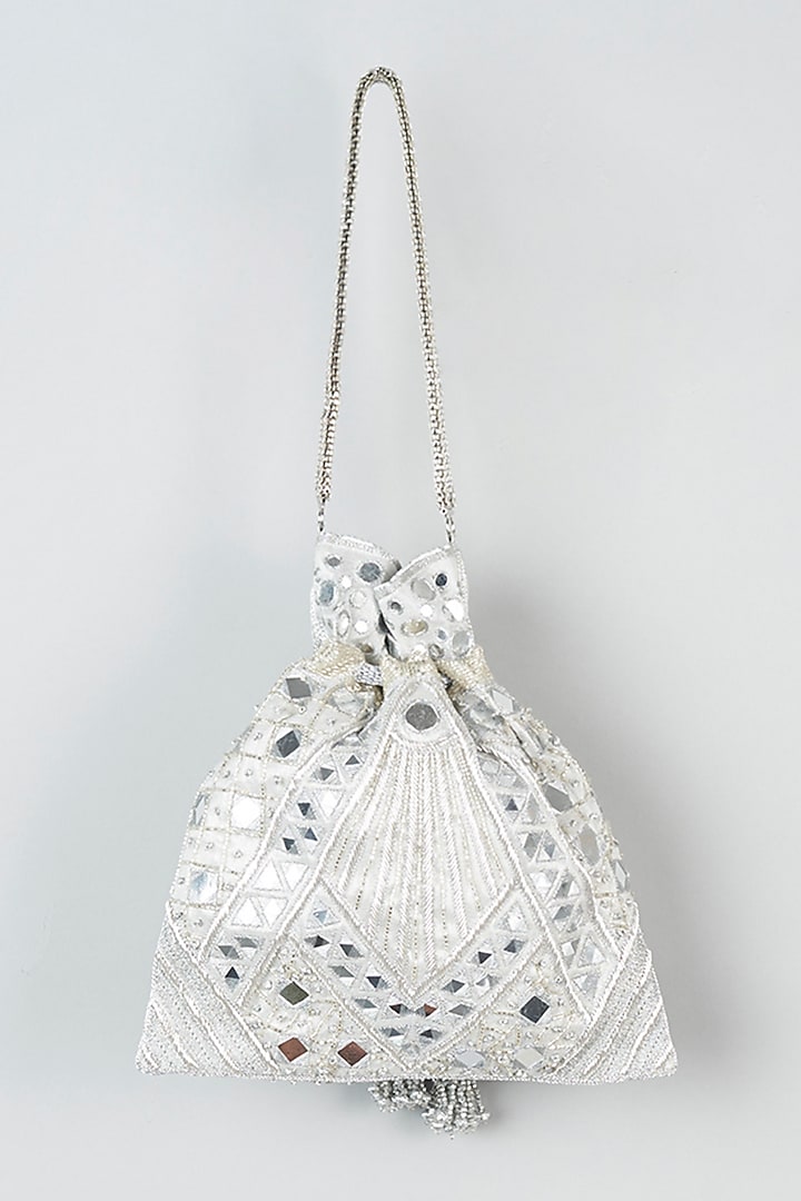 Silver Tissue Mirror Embroidered Potli by The Pink Potli at Pernia's Pop Up Shop