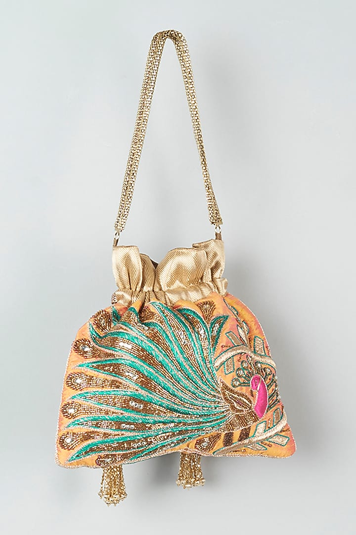Orange Raw Silk Hand Embroidered Potli by The Pink Potli at Pernia's Pop Up Shop