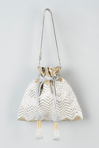 Silver Blended Silk Embroidered Potli by The Pink Potli