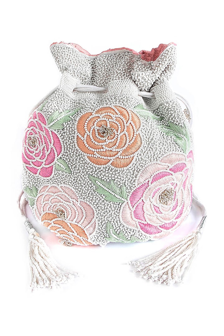 White Blended Silk Thread Hand Embroidered Potli Bag by The Pink Potli at Pernia's Pop Up Shop