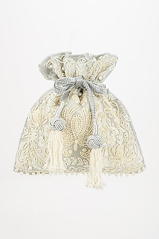 Silver Tissue Pearl Embroidered Potli by The Pink Potli