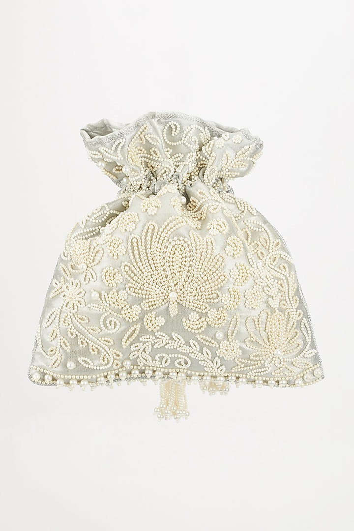 Silver Tissue Pearl Embroidered Potli by The Pink Potli at Pernia's Pop Up Shop