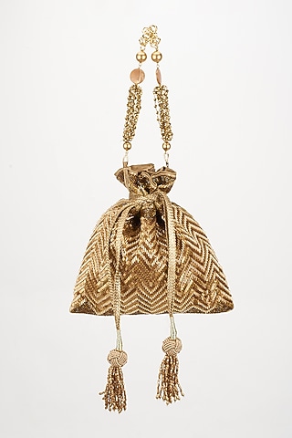 Gold Blended Silk Embroidered Chevron Potli by The Pink Potli