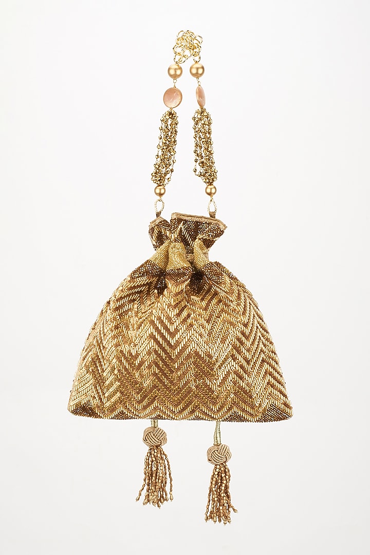 Gold Blended Silk Embroidered Chevron Potli by The Pink Potli at Pernia's Pop Up Shop