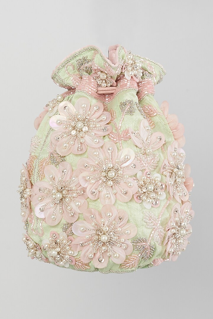 Green Raw Silk Hand Embroidered Potli by The Pink Potli at Pernia's Pop Up Shop