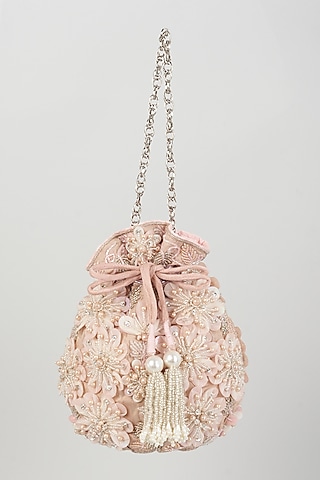 Pink Raw Silk Hand Embroidered Potli by The Pink Potli