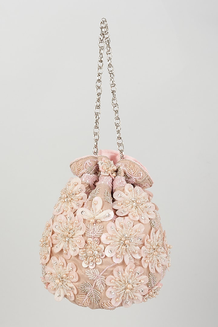 Pink Raw Silk Hand Embroidered Potli by The Pink Potli at Pernia's Pop Up Shop