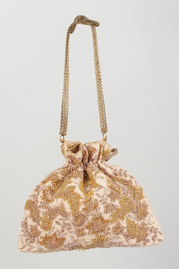 Gold Raw Silk Hand Embroidered Potli by The Pink Potli at Pernia's Pop Up Shop
