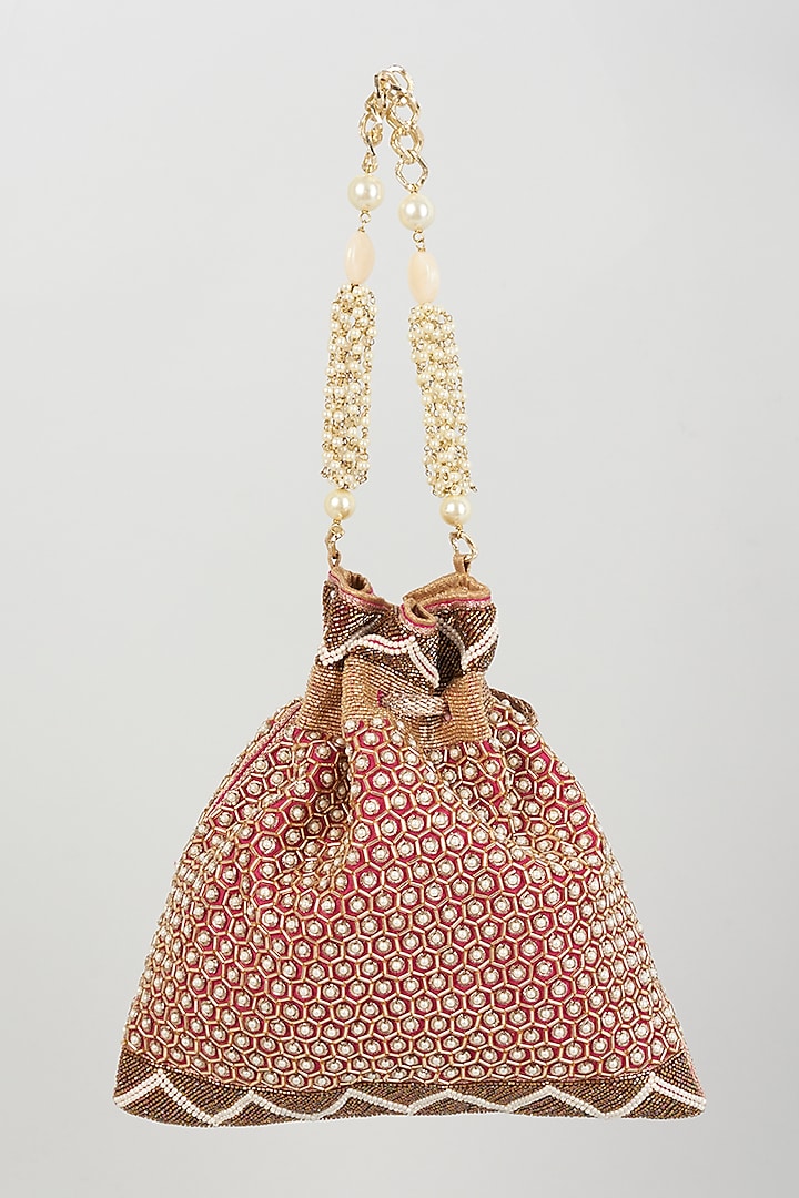 Pink Raw Silk Zardosi Hand Embroidered Potli by The Pink Potli at Pernia's Pop Up Shop