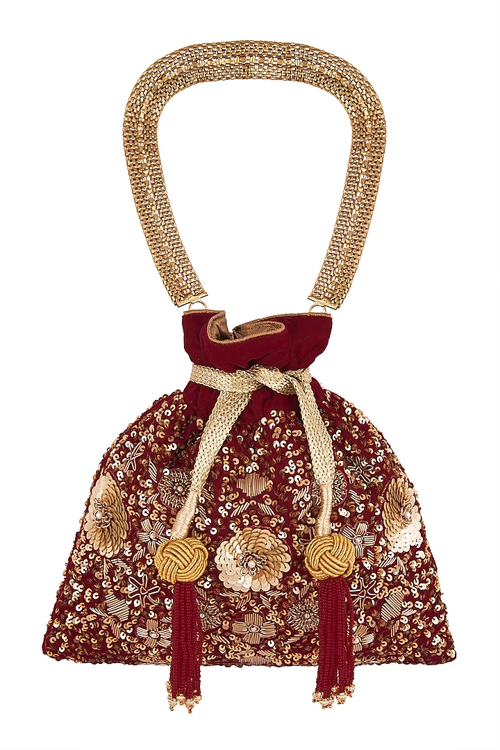 Maroon Embroidered Potli Bag by The Pink Potli at Pernia's Pop Up Shop