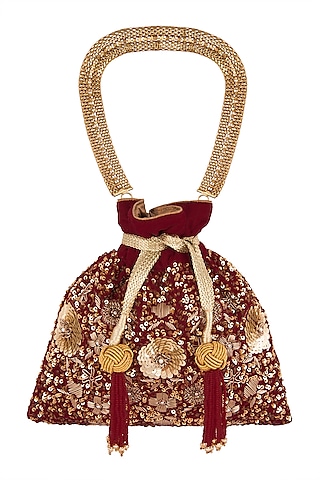 Maroon Velvet Zardosi Embroidered Potli by The Pink Potli