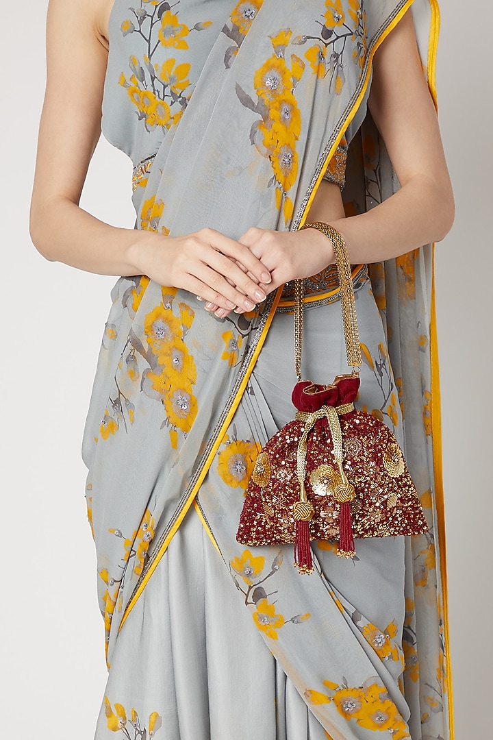 Maroon Velvet Zardosi Embroidered Potli by The Pink Potli at Pernia's Pop Up Shop