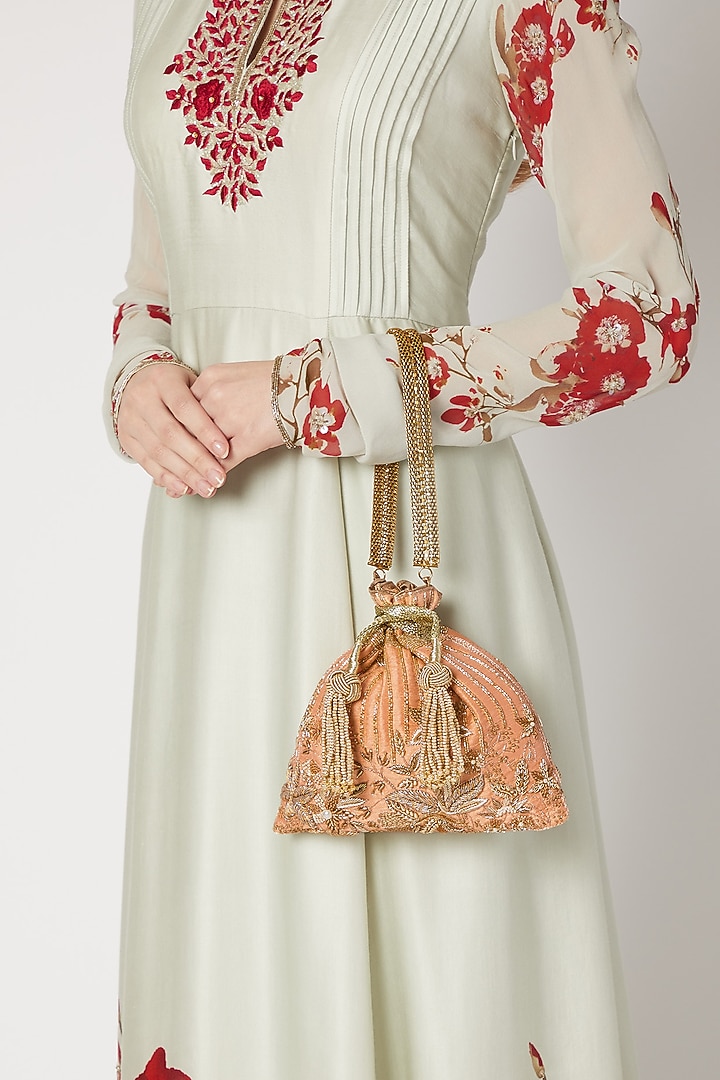 Peach Embroidered Potli Bag by The Pink Potli at Pernia's Pop Up Shop