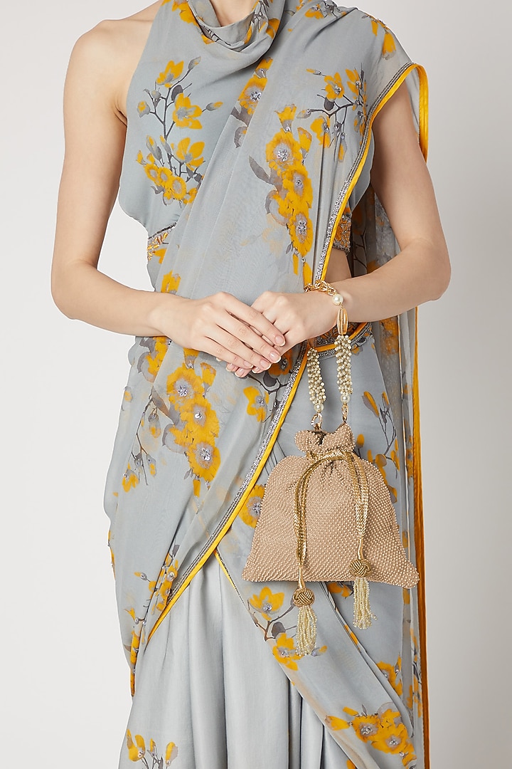 Light Beige Tissue Hand Embroidered Potli by The Pink Potli at Pernia's Pop Up Shop