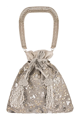 Silver Raw Silk Embroidered Potli by The Pink Potli
