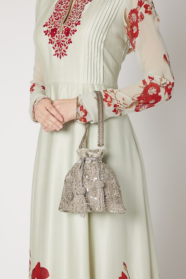 Silver Raw Silk Embroidered Potli by The Pink Potli at Pernia's Pop Up Shop