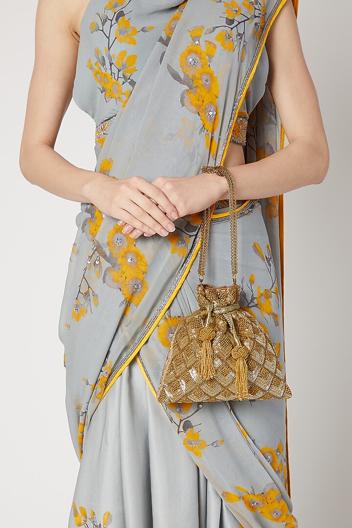 Gold Hand Embroidered Potli Bag by The Pink Potli at Pernia's Pop Up Shop