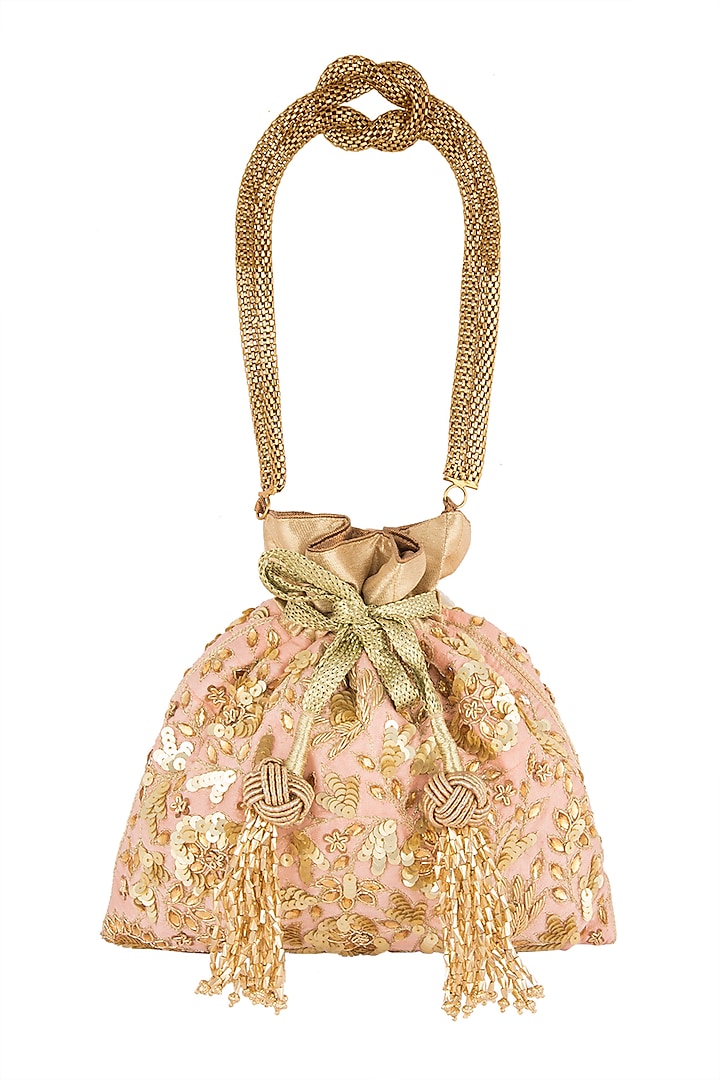 Gold Embroidered Raw Silk Potli Bag by The Pink Potli