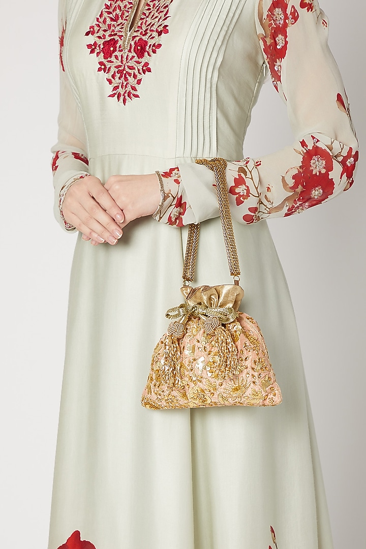 Gold Raw Silk Hand Embroidered Potli by The Pink Potli at Pernia's Pop Up Shop