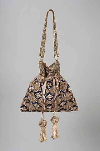 Navy Blue Raw Silk Hand Embroidered Potli by The Pink Potli