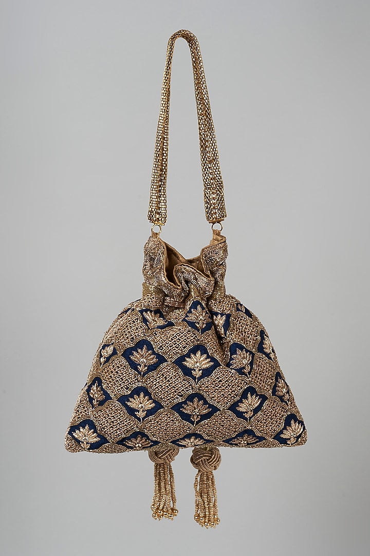 Navy Blue Raw Silk Hand Embroidered Potli by The Pink Potli at Pernia's Pop Up Shop
